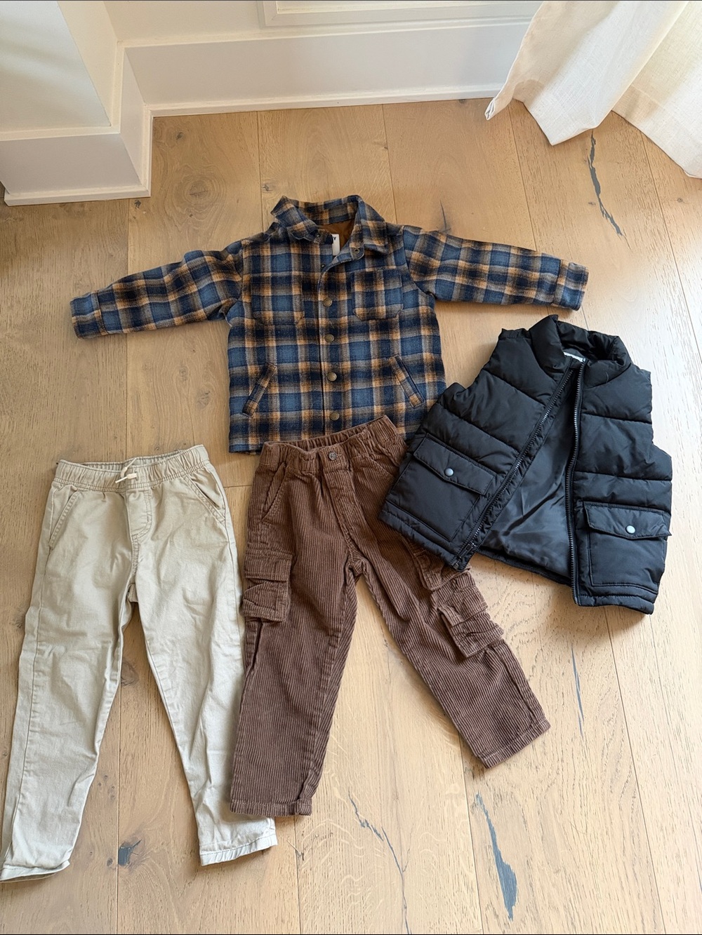 Kids Navy & Tan Plaid Shacket, Beige Chino Pants, Corduroy Cargos and Black Vest